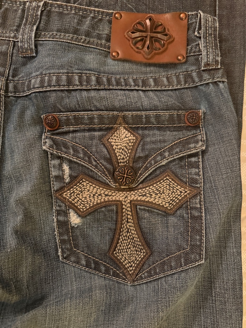 Affliction Distressed Blue Jeans with Embroidered Cross Back Pockets - Picture 2 of 9